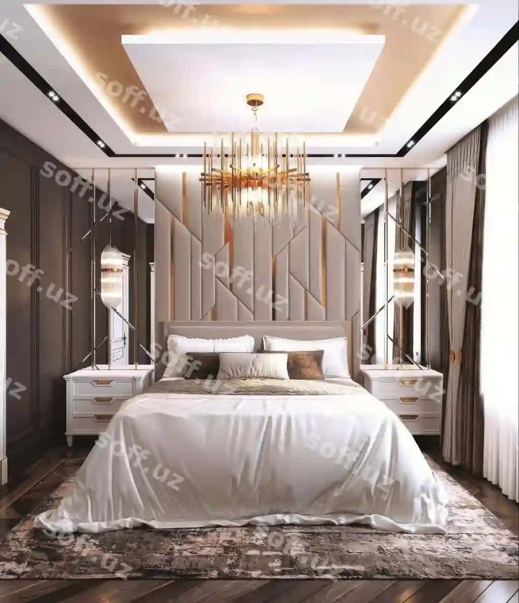 Shiftga osilgan oq qandilli choyshab | Bed with white comforter chandelier hanging from ceiling