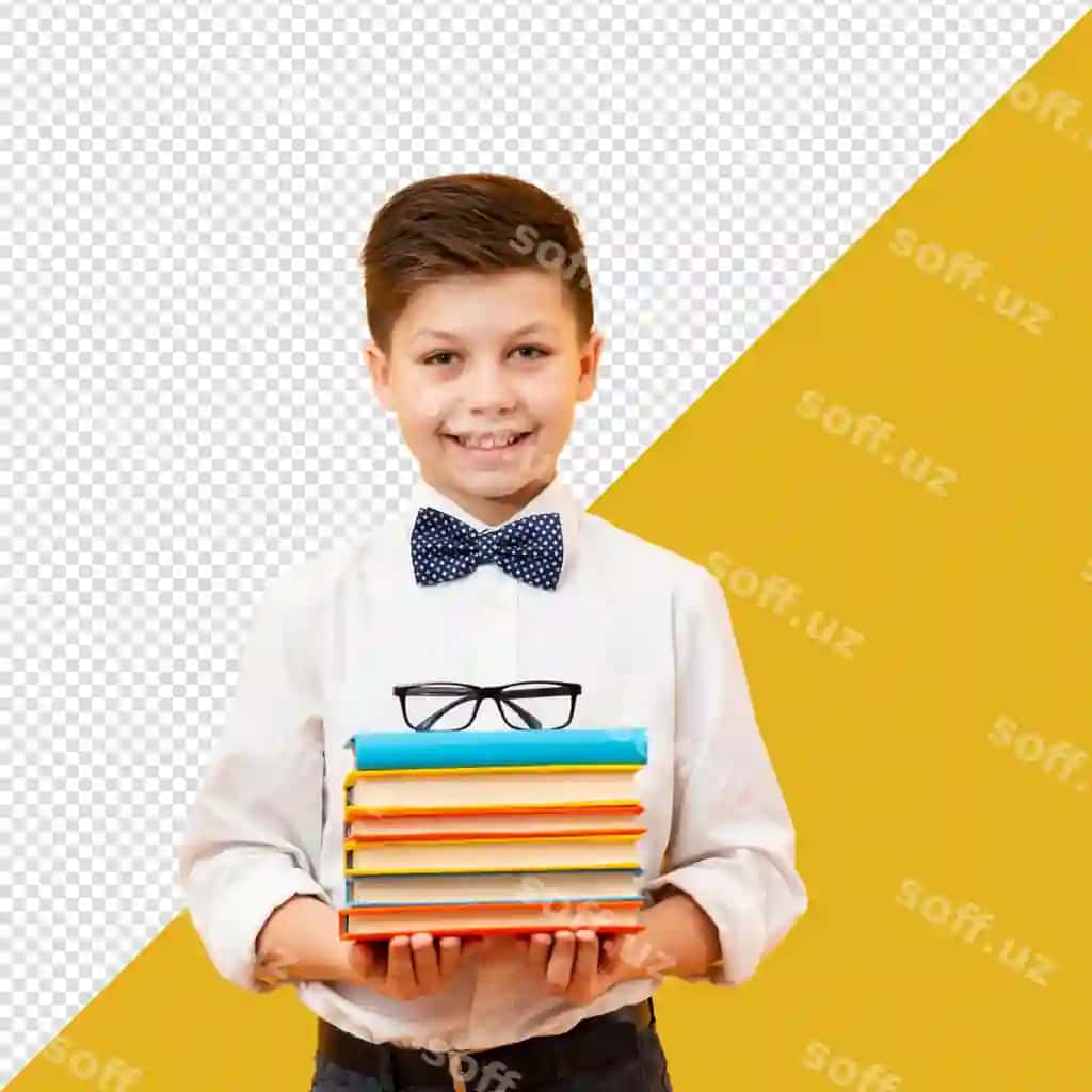 Bo'yinbog' taqqan Psd bola shaffof fonli kitoblar to'plamini ushlab turibdi | Psd boy wearing bow tie holds stack books with transparent background