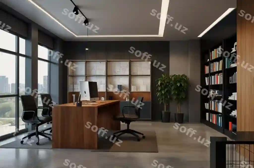 Zamonaviy ofis foni funksional ish maydonlari zamonaviy uslubda | Contemporary office background with functional work areas modern style