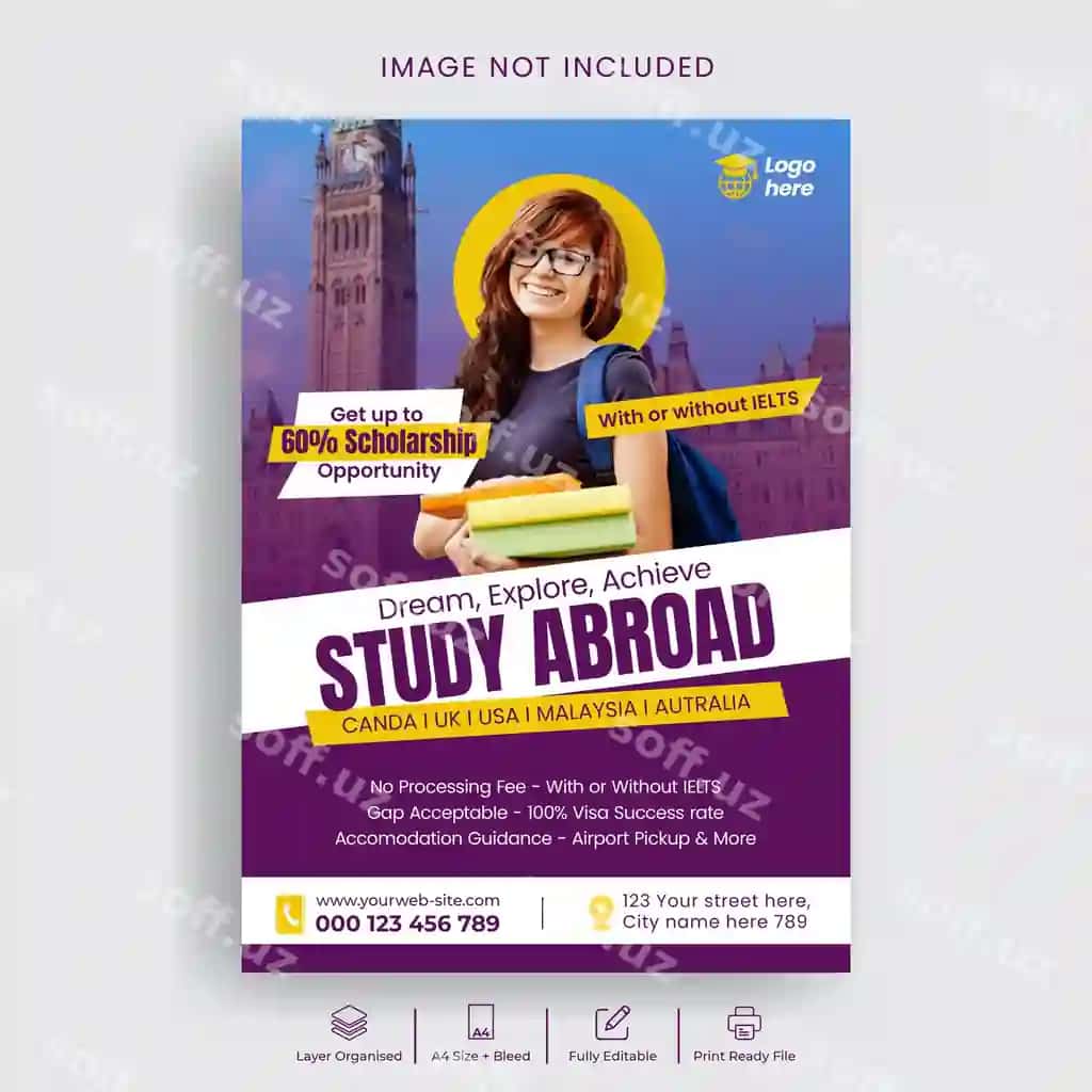 Chet elda o'qish uchun flayer universitetiga kirish plakati shablonini loyihalash | Study abroad flyer university admission poster template design