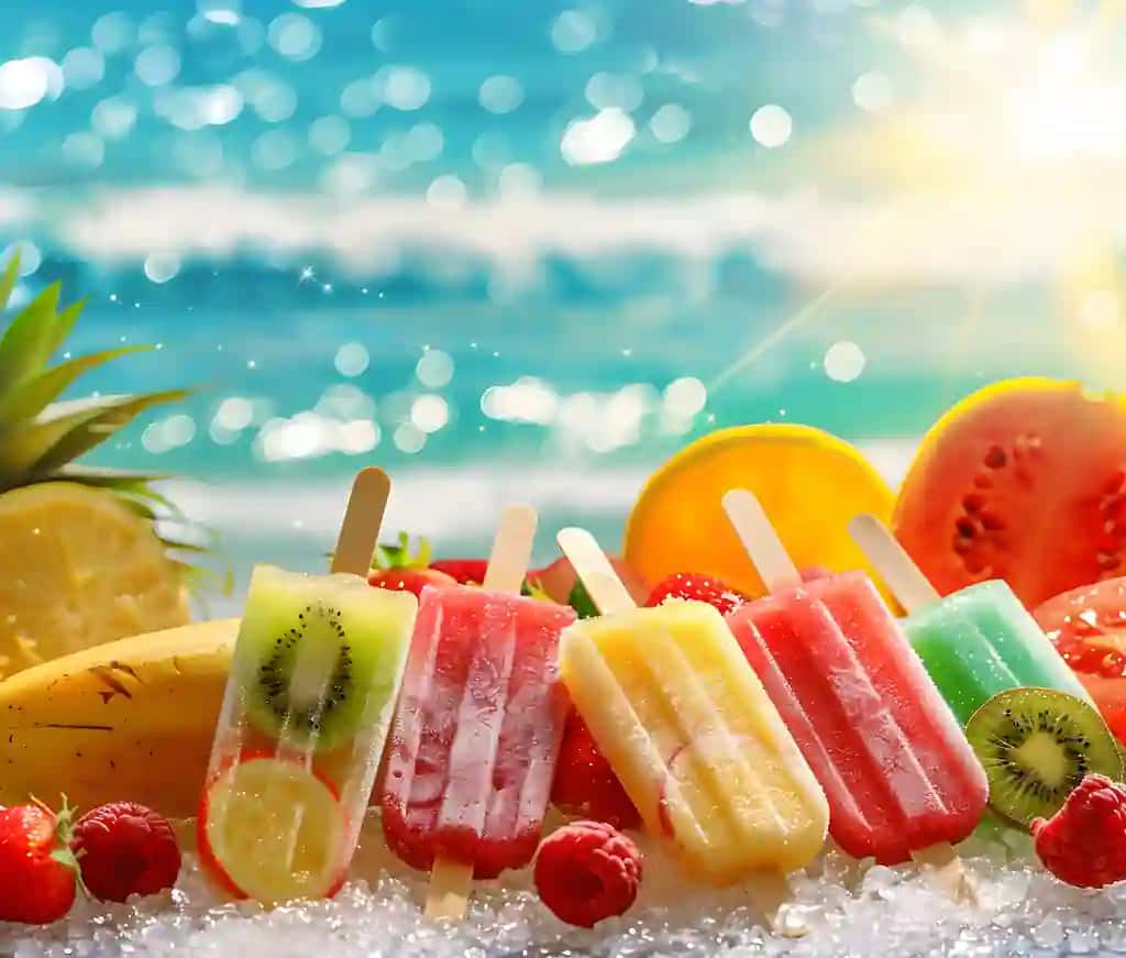 To'plamli muzqaymoqlar plyaj sahnasi fonida joylashgan plyajdir | Bunch ice creams are beach with beach scene background