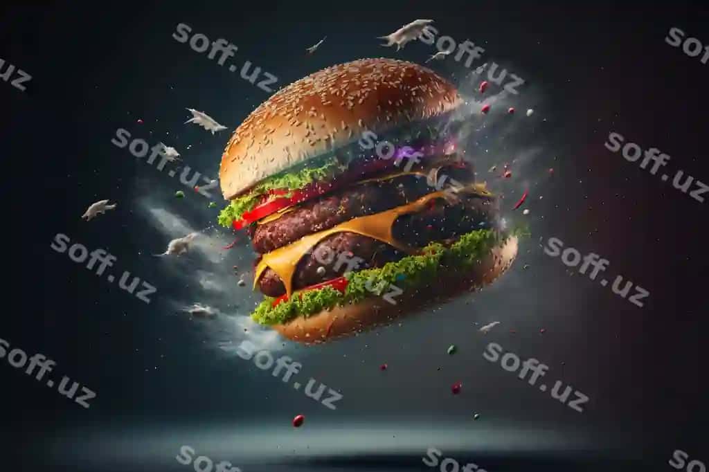 Foto vektor yangi mamno parvoz burger havo sabzavotlar bilan orqa fonda bilan | Photo vector fresh tasty flying burger air with vegetables with background