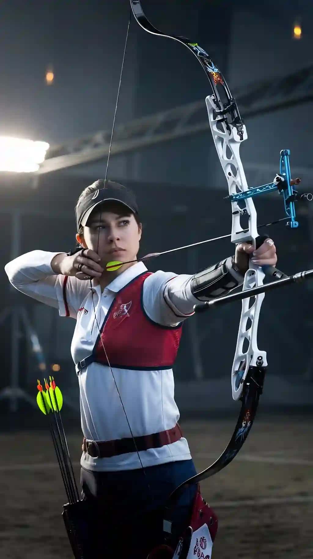 Diqqatni jamlagan ayol kamonchi kamonini dramatik, xira yorug'likda, aniqlik bilan nishonga olmoqda | Focused female archer aiming her bow dramatic dimly lit setting precision determination