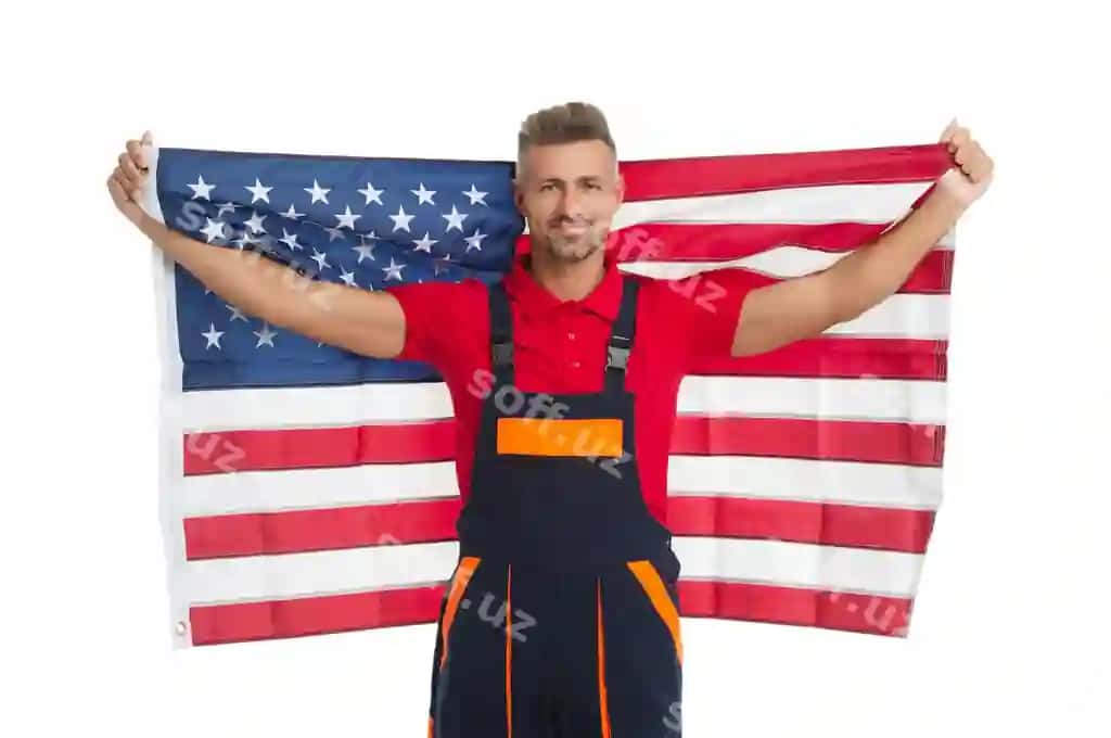 Mehnat kuni Vatanparvar erkak AQSH bayrog'i ajralangan oq fonda Mustaqillik kuni AQSH 4-iyulya Amerikalik bayrog' erkak ishchi flag AQSH Mustaqillik kuni baxtli erkak ishchi kostyum | Labor day patriotic man with american flag isolated white independence day america 4th july american flag man worker flag usa independence day happy man worker uniform