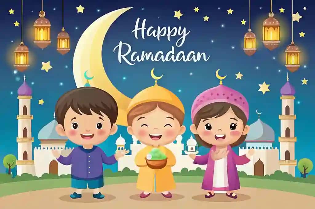 Muborak Ramazon bolalar masjid kechasi bayram tabriknomasi | Happy ramadan children mosque night celebration greeting card