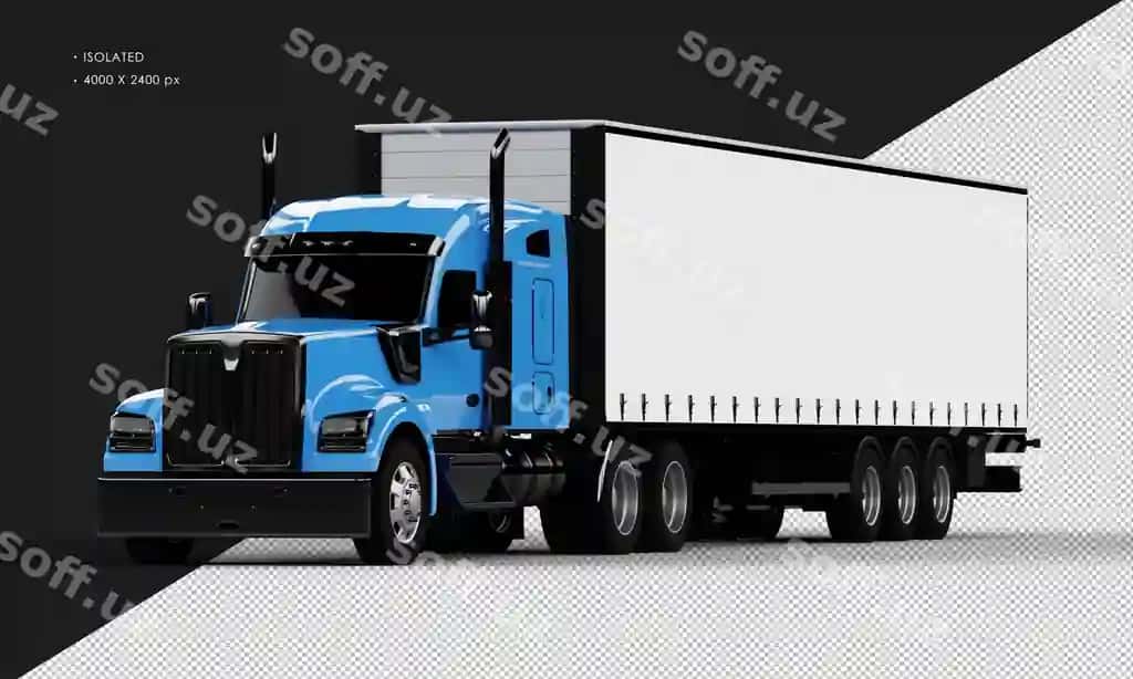 Ajraltirilgan realistik yorqin ko'k uzun yuk avtomobili chap oldan | Isolated realistic shiny blue long trailer truck from left front