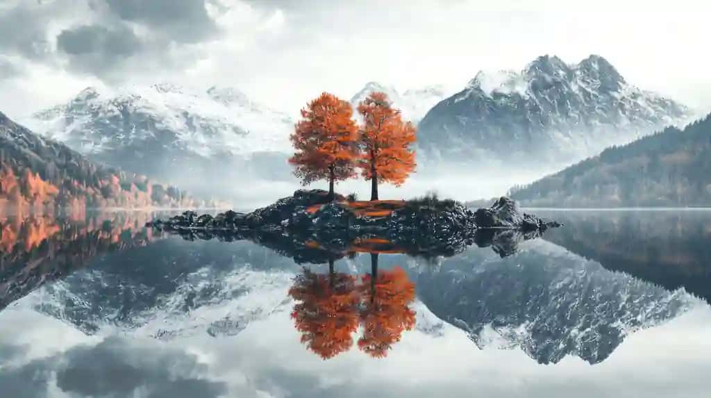 Ikki kuzgi daraxtlar toshli orol tog 'ko'li | Two autumn trees rocky island mountain lake