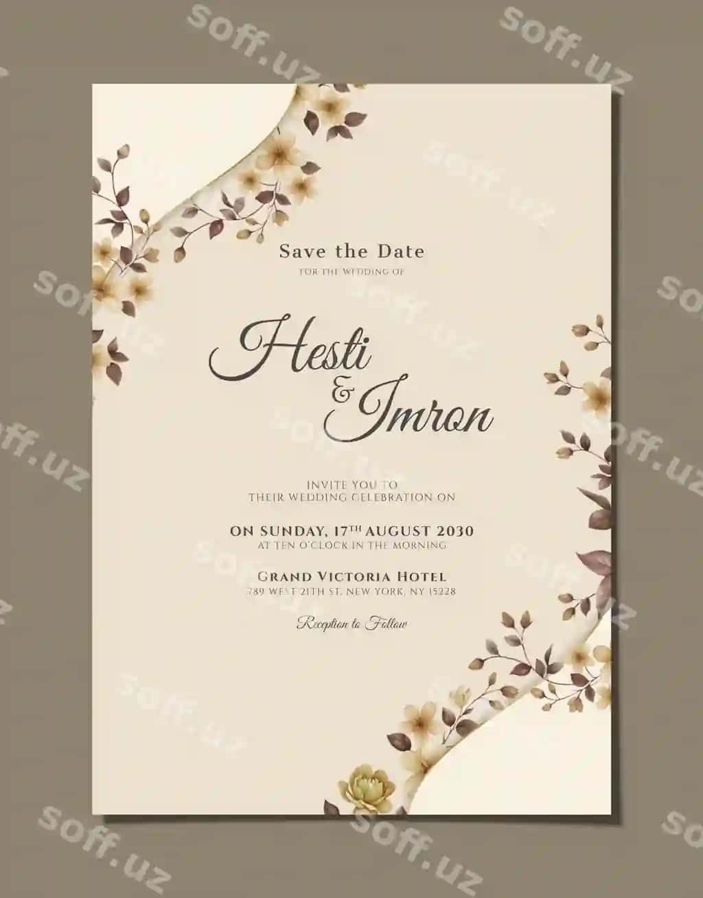 Psd turmova taklifnoma shabloni gullar bilan | Psd wedding invitation template with flowers