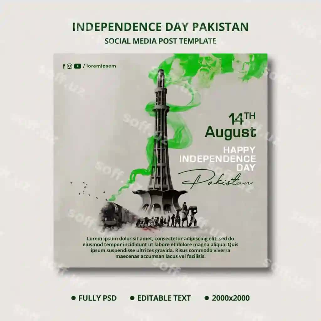 14-avgust Pokiston Mustaqillik kuni ijtimoiy tarmoqlardagi post shablonlari | 14th august pakistan independence day social media post template