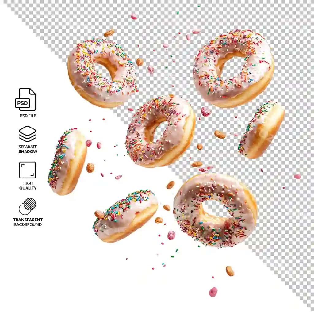 Orqa fonsiz yolg'iz uchib yurgan ponchiklar sepilgan | Donuts with sprinkles flying isolated without background