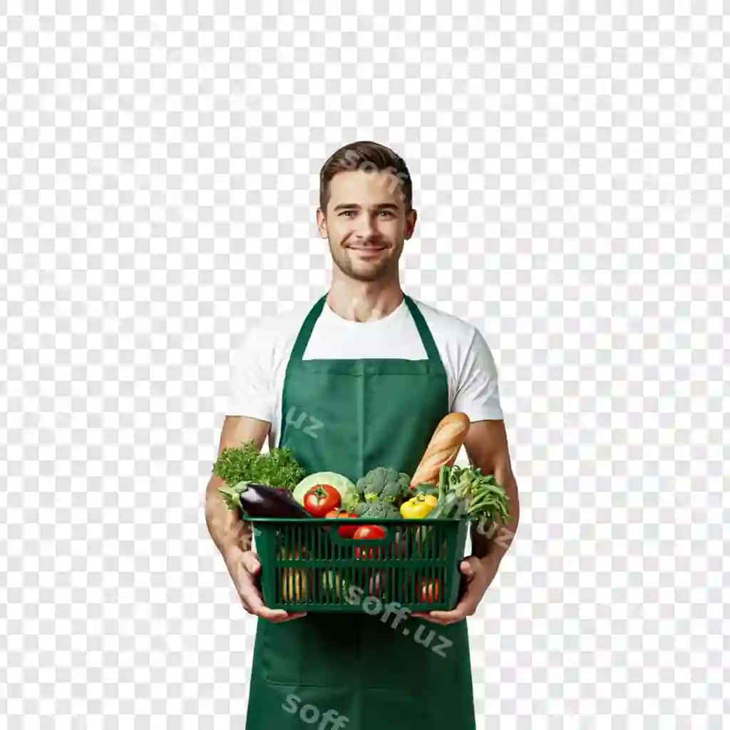 Savatda to'liq yangi sabzavotlarni ushlab turgan odam shaffof fonda ajratilgan | Man holding basket full fresh vegetables isolated transparent background
