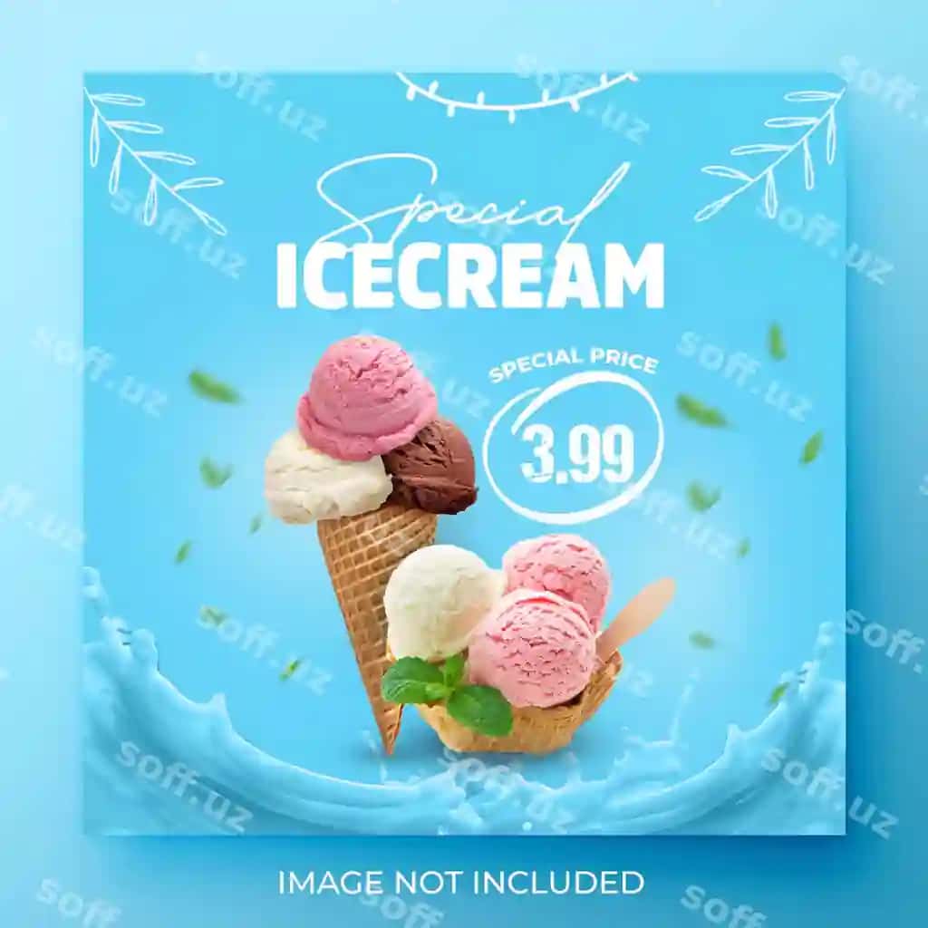 Birinchi murojaat sovuq mora menyu reklamasi ijtimoiy tarmoqlar Instagram post banner shabloni | Ice cream menu promotion social media instagram post banner template