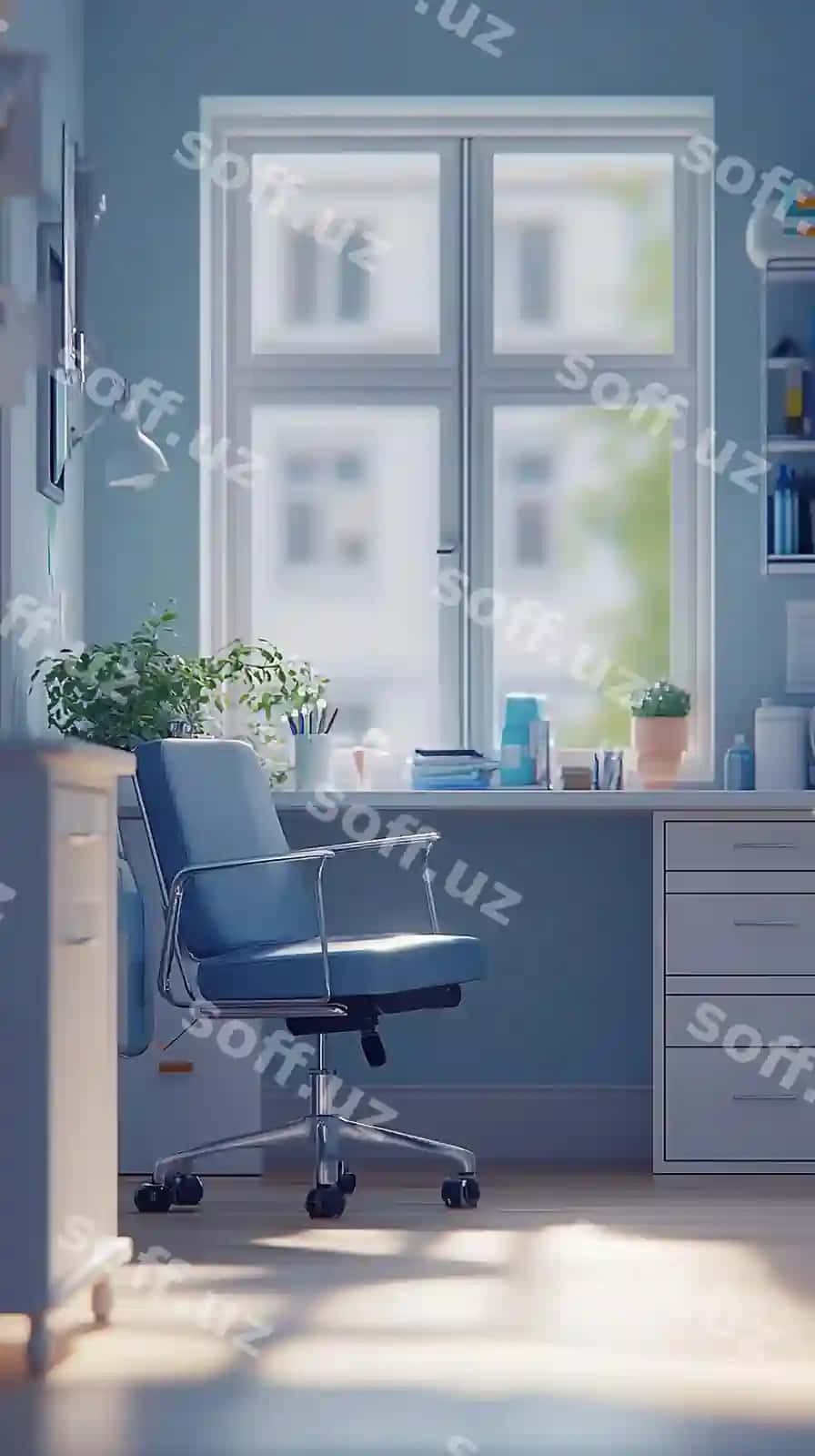 Ko'k ofis kreslosi o'simlik tepasida | Blue office chair with plant top it