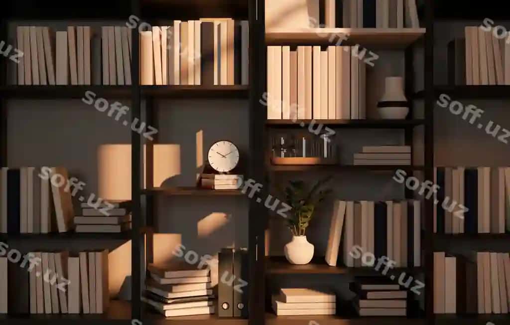 Turli xil kitoblar bilan bezatilgan zamonaviy kitob javonlari foni | Modern bookshelves background with different kinds books home decor