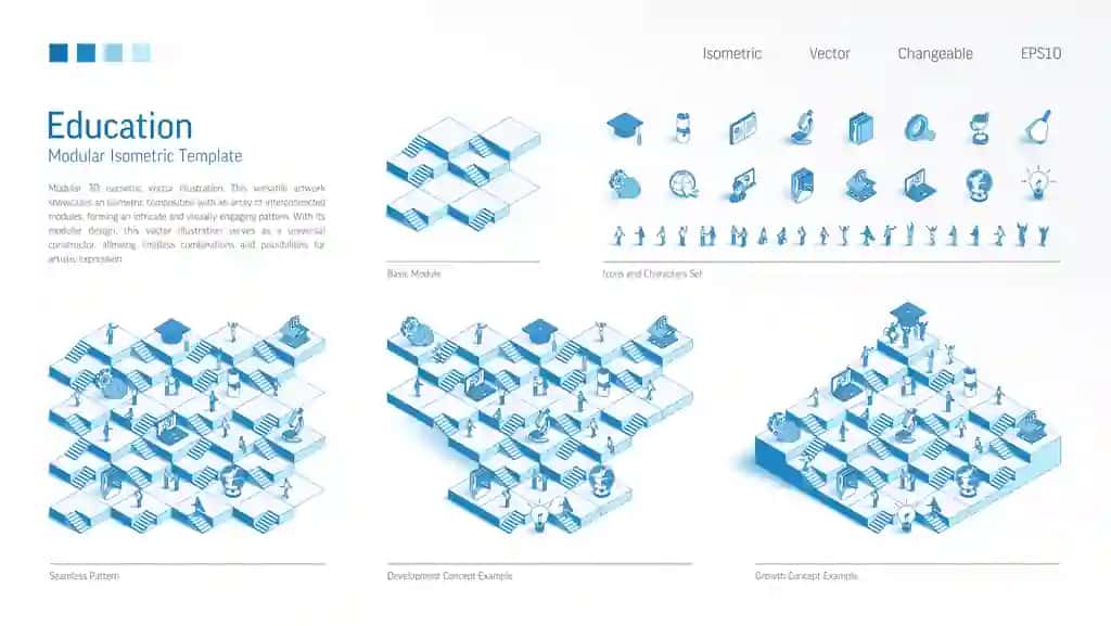 Bilim ta'limi modulli izometrik konstruktor muammosiz naqsh | Knowledge education modular isometric constructor seamless pattern