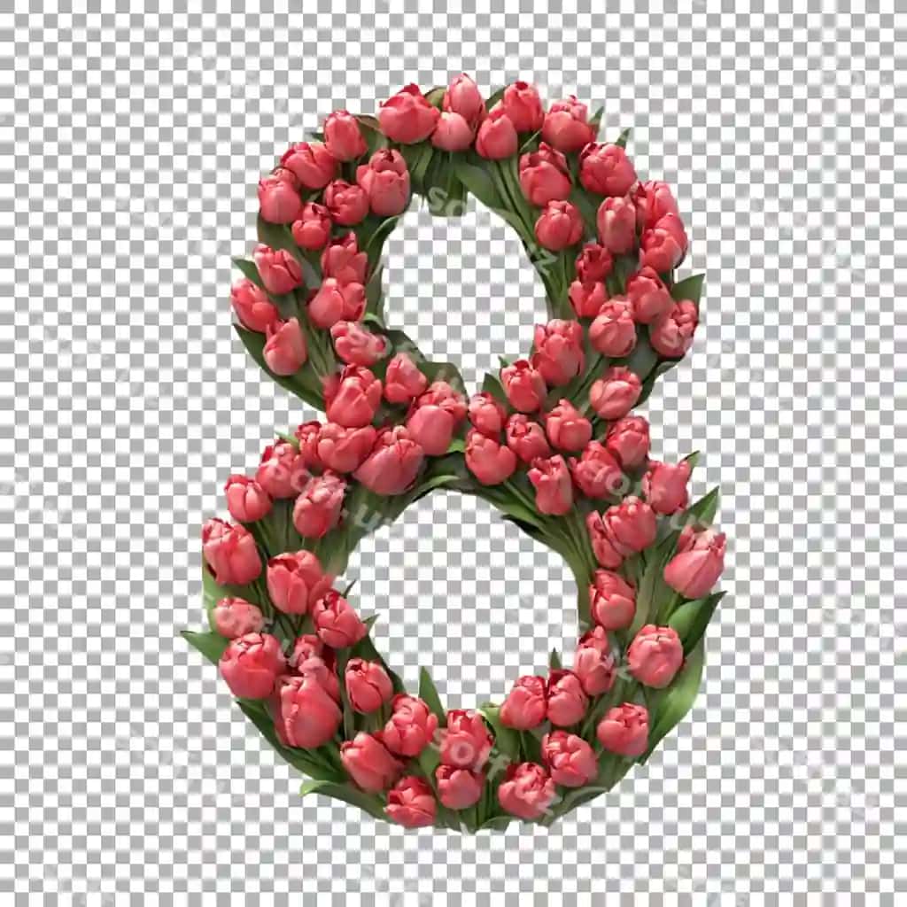3d render alfavit 8-raqam lola qilib yaratilgan shaffof fonda | 3d rendering alphabet number 8 made with tulips transparent background
