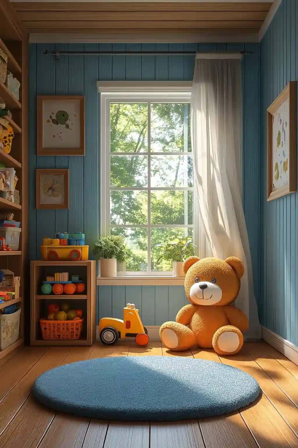 To'ldirilgan ayiq moviy xonada o'yinchoq mashinasi bilan o'tiradi | Stuffed bear sits blue room with toy car