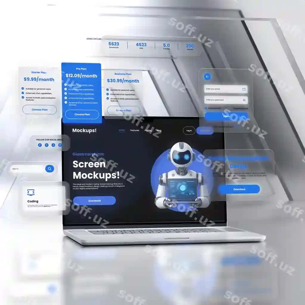 Noutbuk qurilma mock-up glassmorphism uslubi | Laptop device mock up glassmorphism style