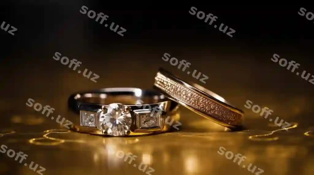 Closeup shot ikki olmos uzuk oltin yuzasi generativ ai aig21 | Closeup shot two diamond rings golden surface generative ai aig21