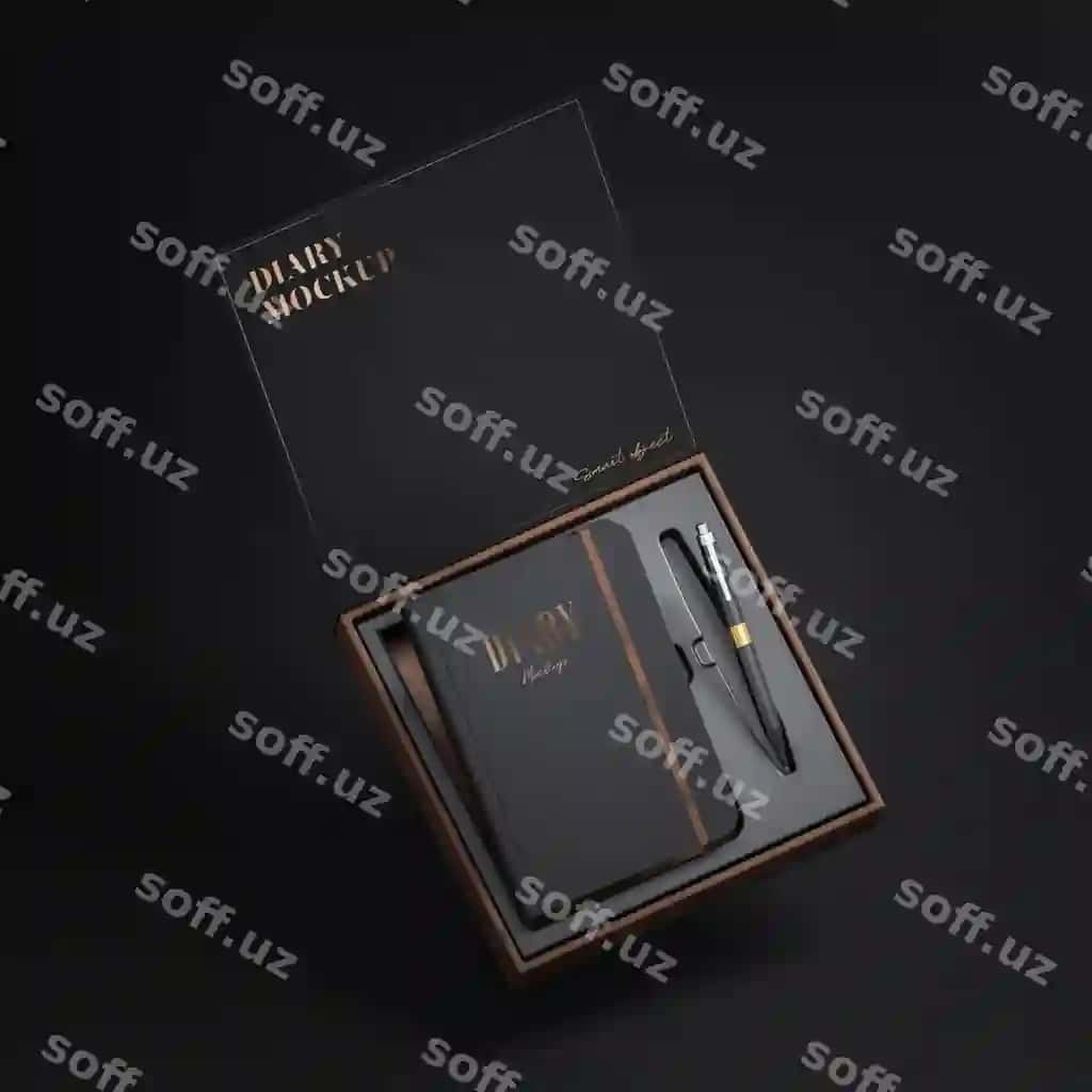 Qora choy daftar namuna choy qutisi suza turadigan logotip brend prezentatsiyasi | Black leather diary mockup leather box floating logo brand presentation