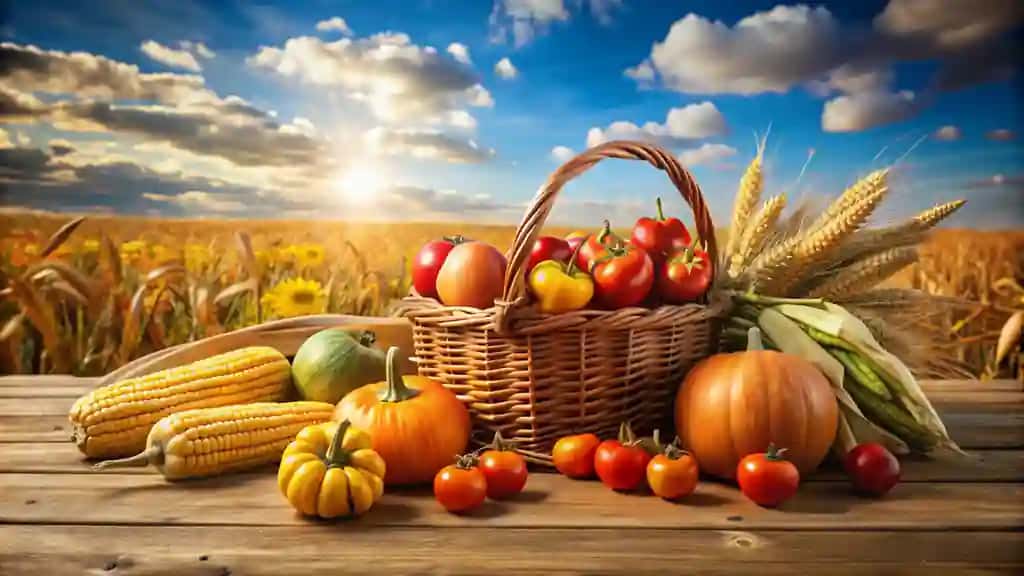 Savatlar qovoq pomidor sarimsoq don makkajo'xori bug'doy dala fon ko'k osmon qarshi | Baskets pumpkins tomatoes garlic grain corn wheat field background against blue sky