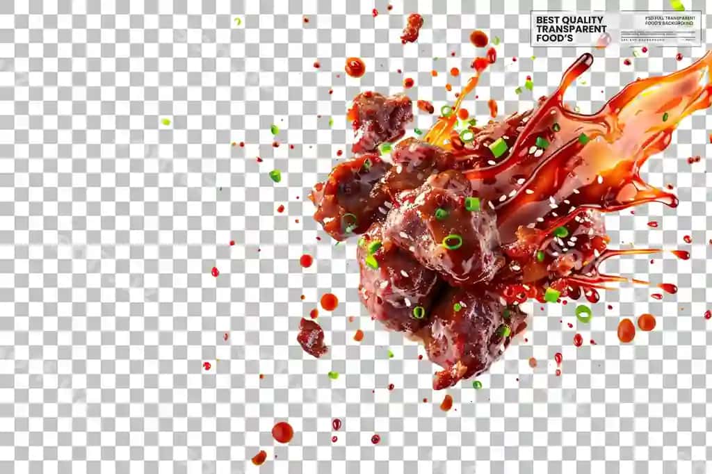 Achchiq koreys BBQ mol go'shti parvoz gochujang sousesi shaffof splash | Spicy korean bbq beef flying gochujang sauce splash transparent