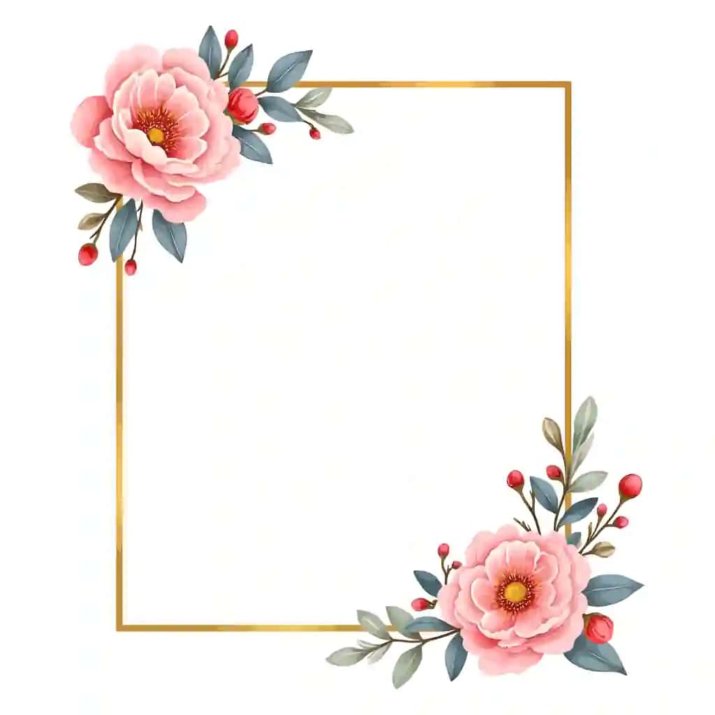 Pushti atirgul yashil bargi bilan oqlangan akvarel oltin ramka | Elegant watercolor golden frame with pink roses green leaf