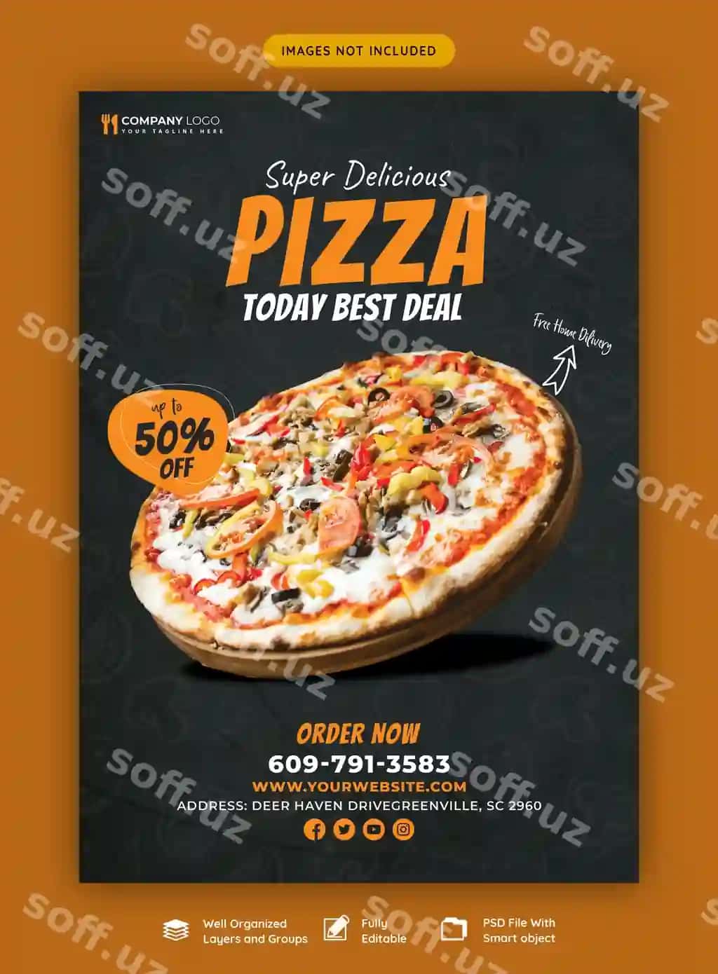 Mazali pizza varaqasi shabloni, taom menyusi | Food menu delicious pizza flyer template