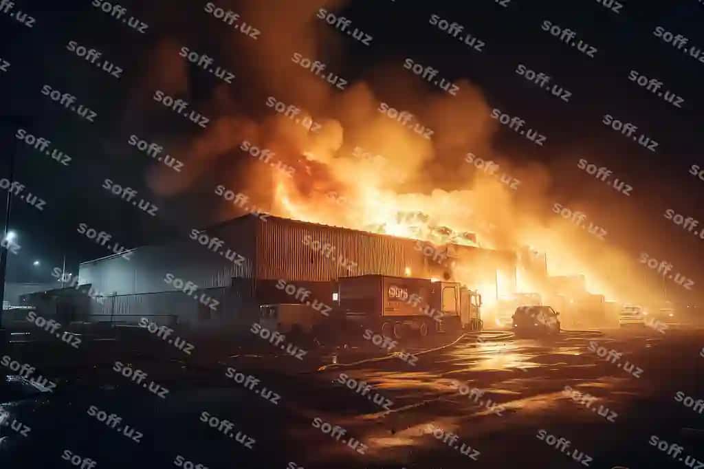 Yong'in ombor qora tutun alangasini osmonga yoqib yuboradi | Fire burns warehouse black smoke flames into sky ai