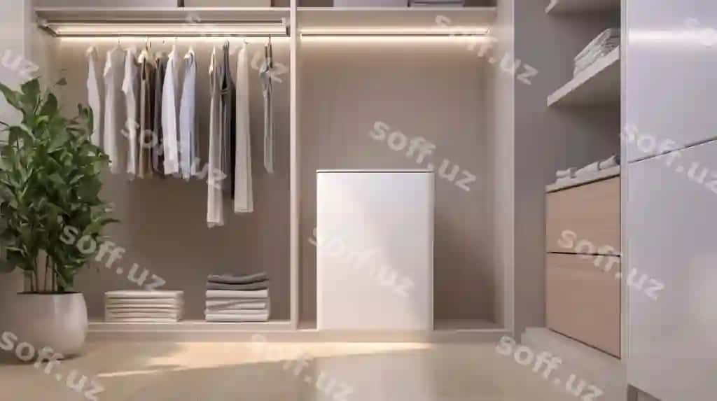 Zamonaviy kirish shkaf içerisi kiyimlar shkaflari va o'simlik | Modern walkin closet interior with clothes shelves plant