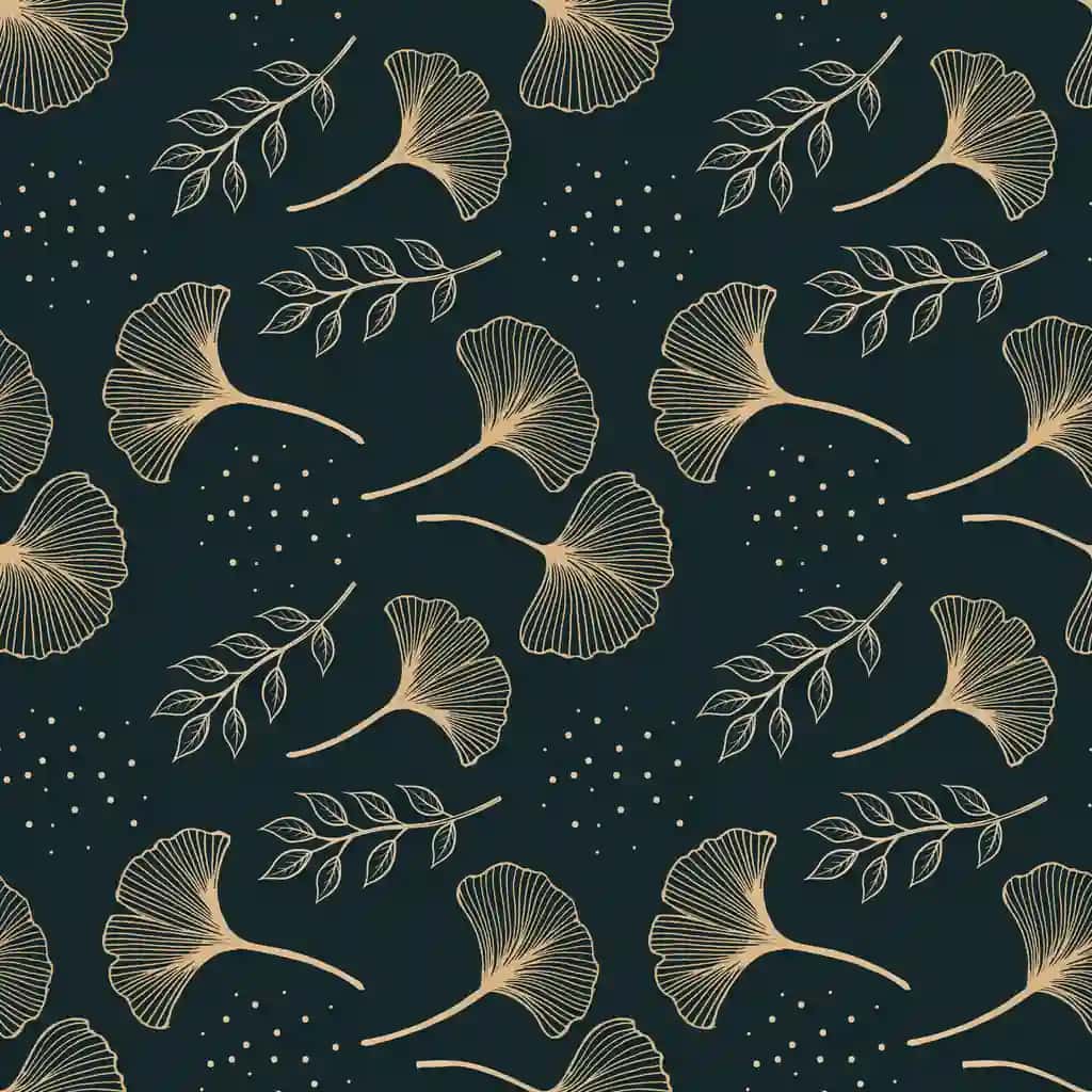 To'q rangli fonda oltin rangli ginkgo barglari bilan choksiz naqsh | Seamless pattern with golden ginkgo leaves dark background colorful