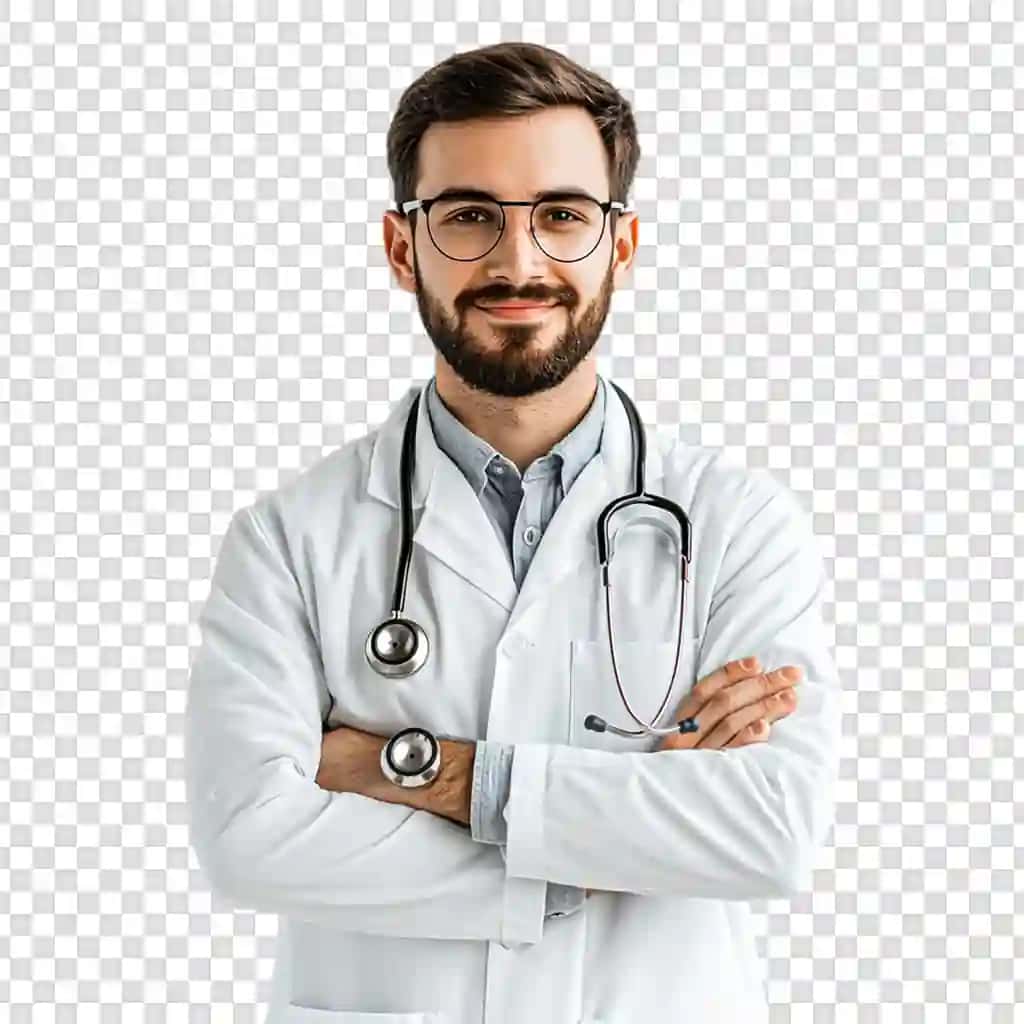 Chiroyli shifokor stetoskopli shifokor formasi shaffof izolyatsiya qilingan | Handsome doctor man with stethoscope doctor uniform isolated transparent