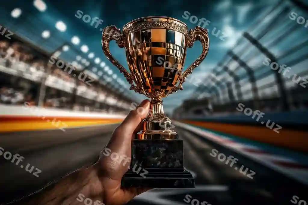 Qora asosli bezakli tutqichli oltin kubok kubogini ushlab turadigan poyga avtomobili sport shakli | Racing car sport hand holding golden trophy cup with ornate handles black base