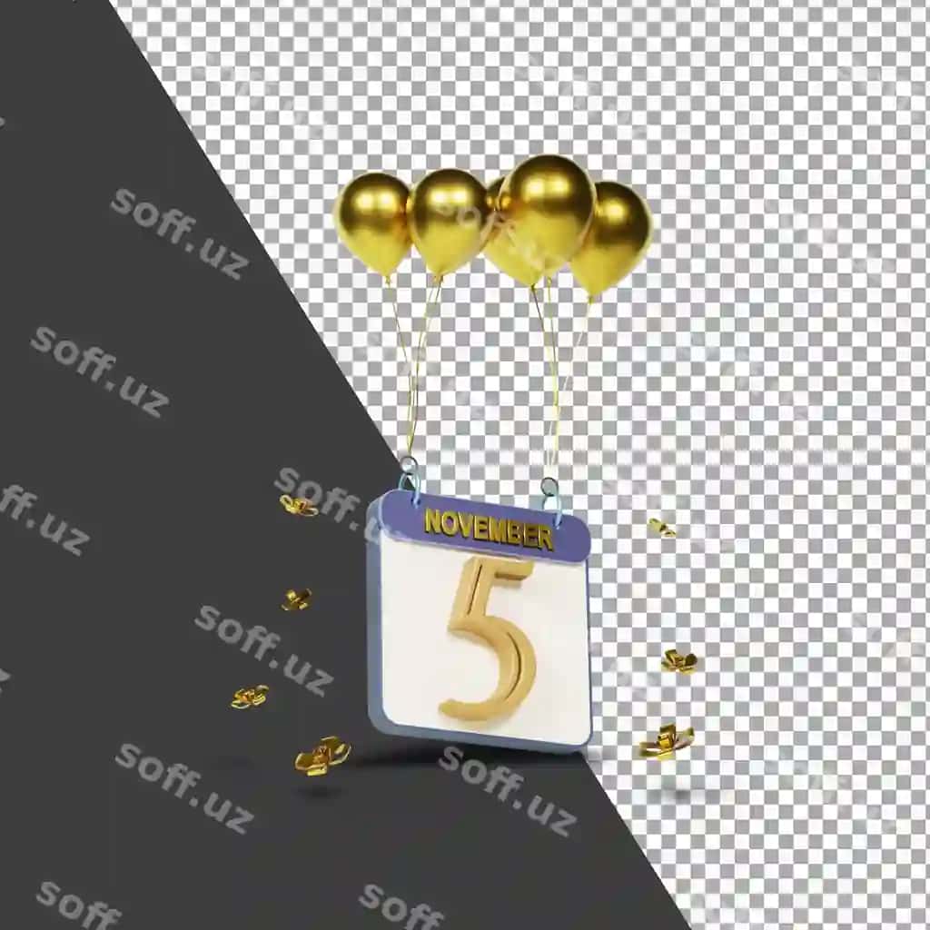 Kalendarga Noyabr oyining 5-chisi oltin sharqlar bilan 3D render ajraltirilgan | Calendar month november 5st with golden balloons 3d rendering isolated