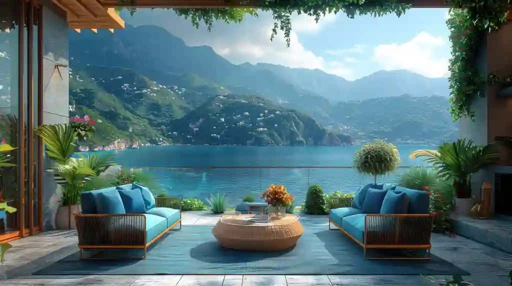 Veranda mebellari bilan jihozlangan shinam zamonaviy terasli hashamatli villa | Cozy stylish terrace luxury villa with patio furniture