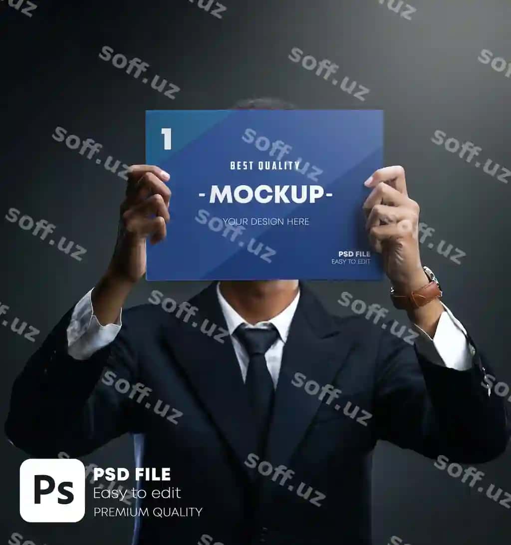 Bizznesmen o'z yuzini qamrayotgan poytak flyer dizayn mockupini tutgan | Businessman holding poster flyer design covering his face mockup