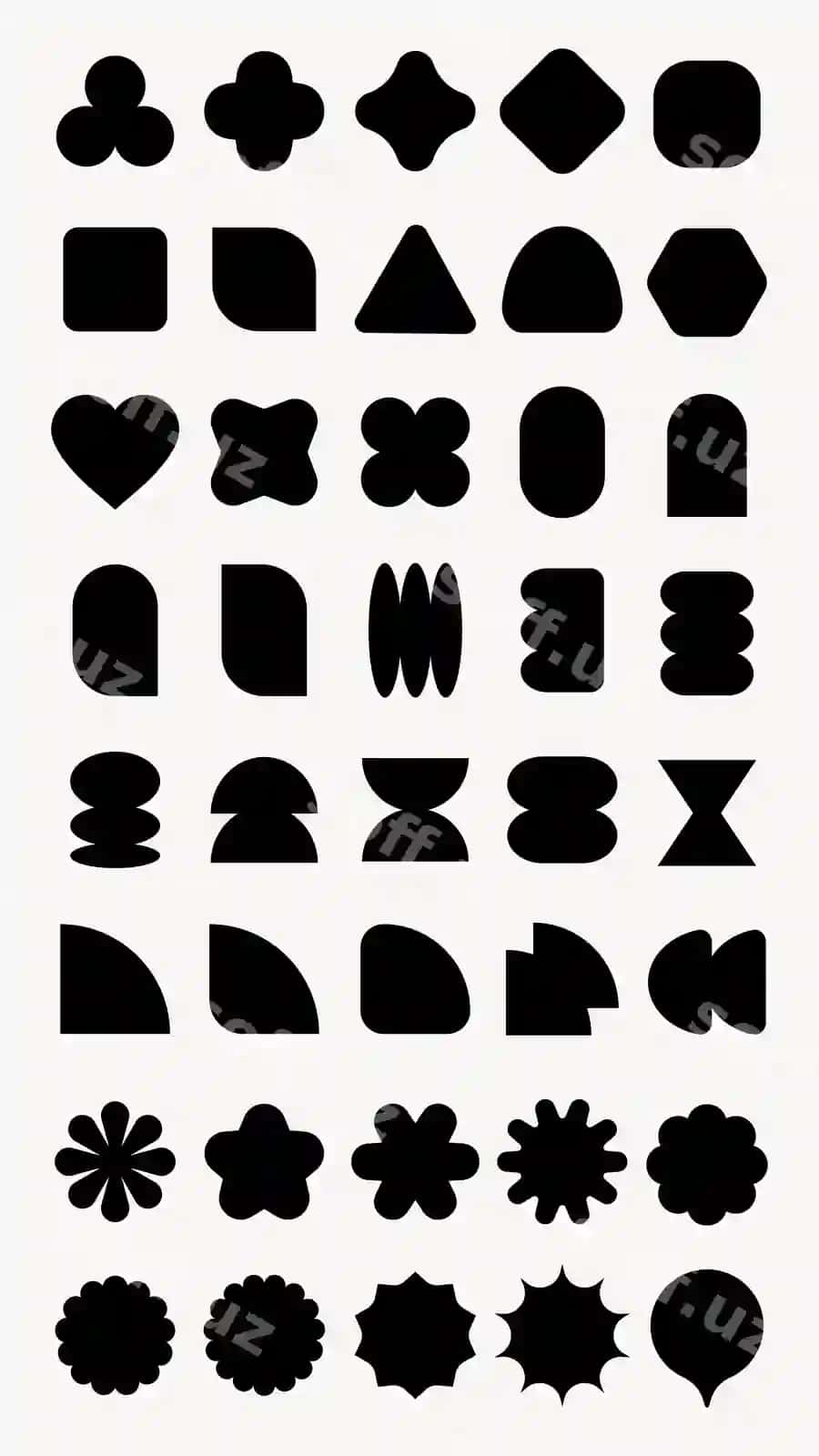 Vektorlar to'plami 36 abstrakt qora shakllar oq fon o'z ichiga kiritingan | Vectors collection 36 abstract black shapes white background featuring