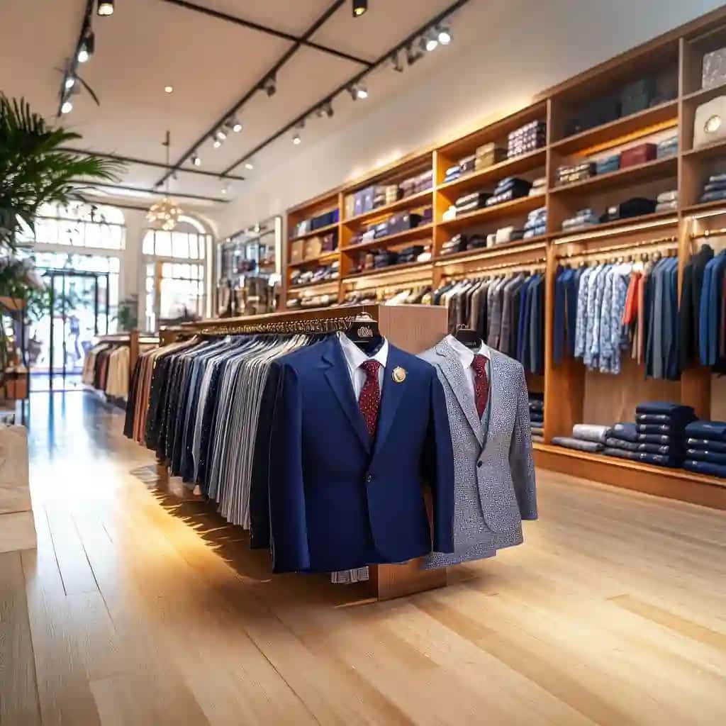 Hashamatli erkaklar kiyim-kechak butiklari tikilgan kostyumlar ko'ylaklari murakkab chakana savdo muhiti | Luxury menswear boutique tailored suits shirts sophisticated retail setting