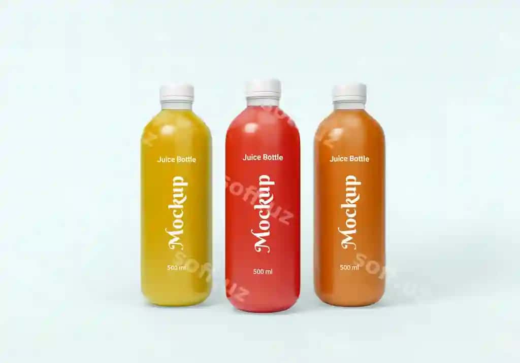 Turli xil ta'mlarga ega to'liq tahrirlanadigan sharbat shishasi maketi | Fully editable juice bottle mockup with different flavours
