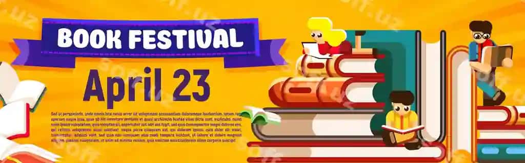Kitob festivali veb-sayt sarlavhasi banner shablon erkak ayol qog'oz o'qish | Book festival website header banner template man woman reading paper