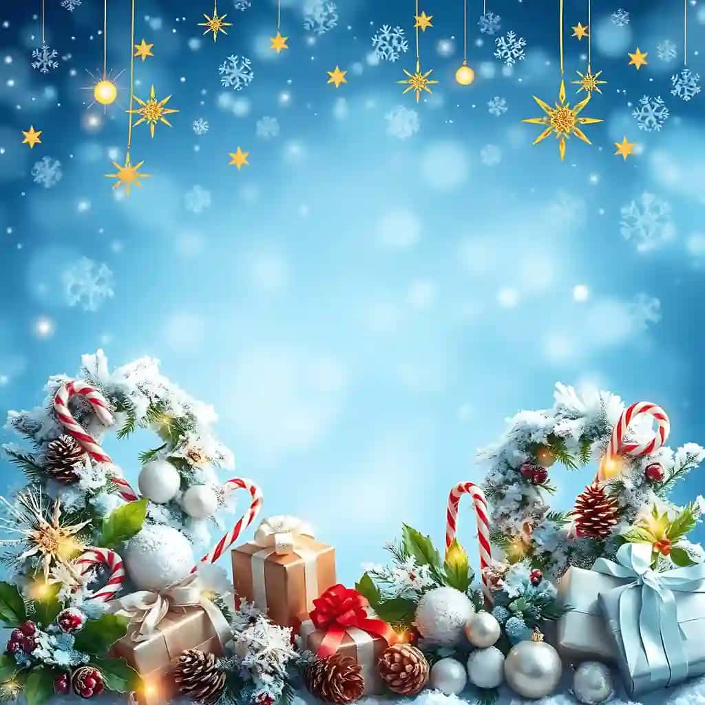 Yorqin qor parchalari bilan bezatilgan muzlagan moviy fon. Oltin yulduzlar miltillovchi muzli gulchambar | Frozen sky blue backdrop adorned with sparkling snowflakes golden stars twinkle frosted wrea