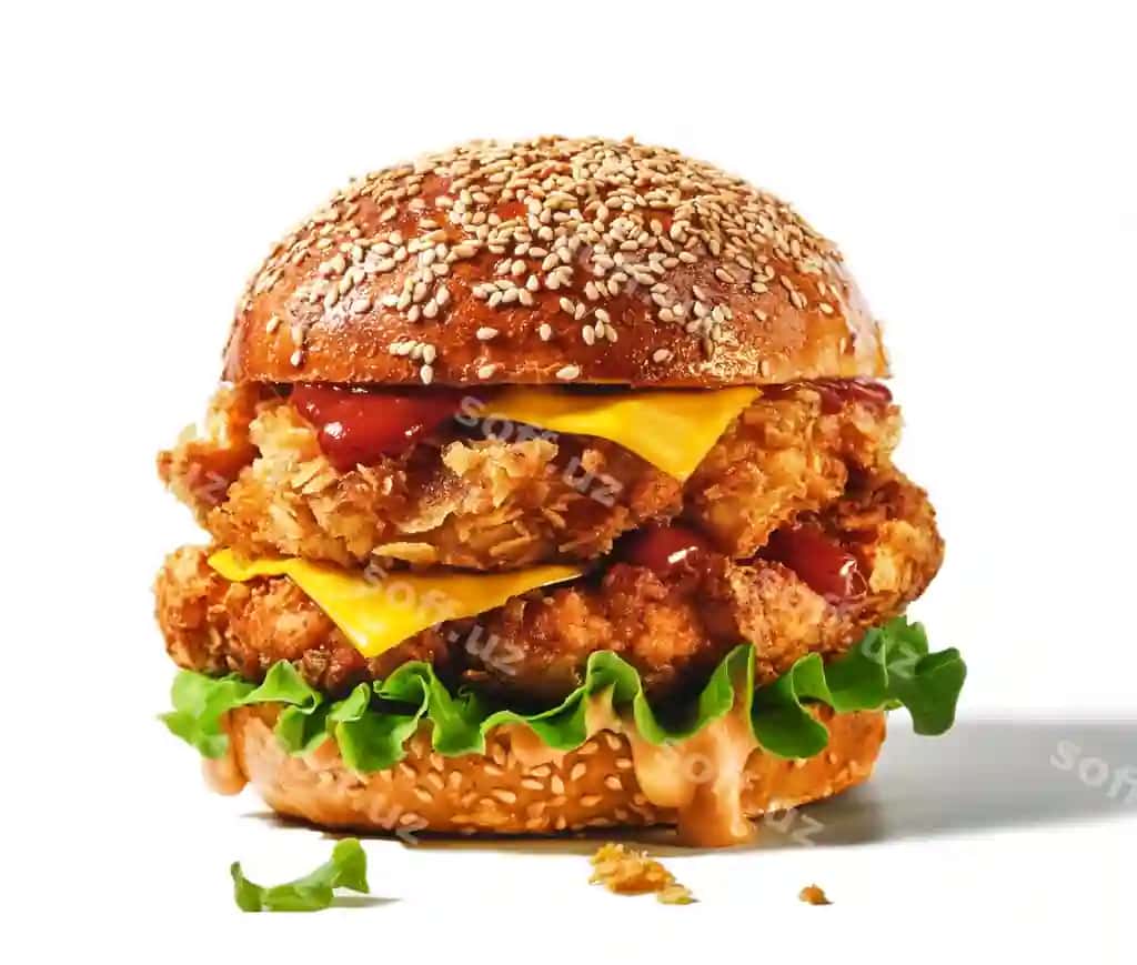 Katta ikki cheddar cheeseburger tushonkali | Big double cheddar cheeseburger with chicken cutlet