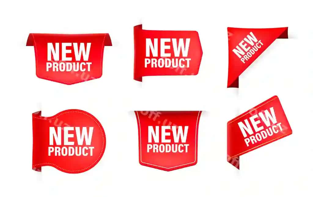 Qizil lenta, uningdagi matn: Yangi mahsulot baneri, lenta etiketi, yangi mahsulot | Red ribbon with text new product banner ribbon label new product