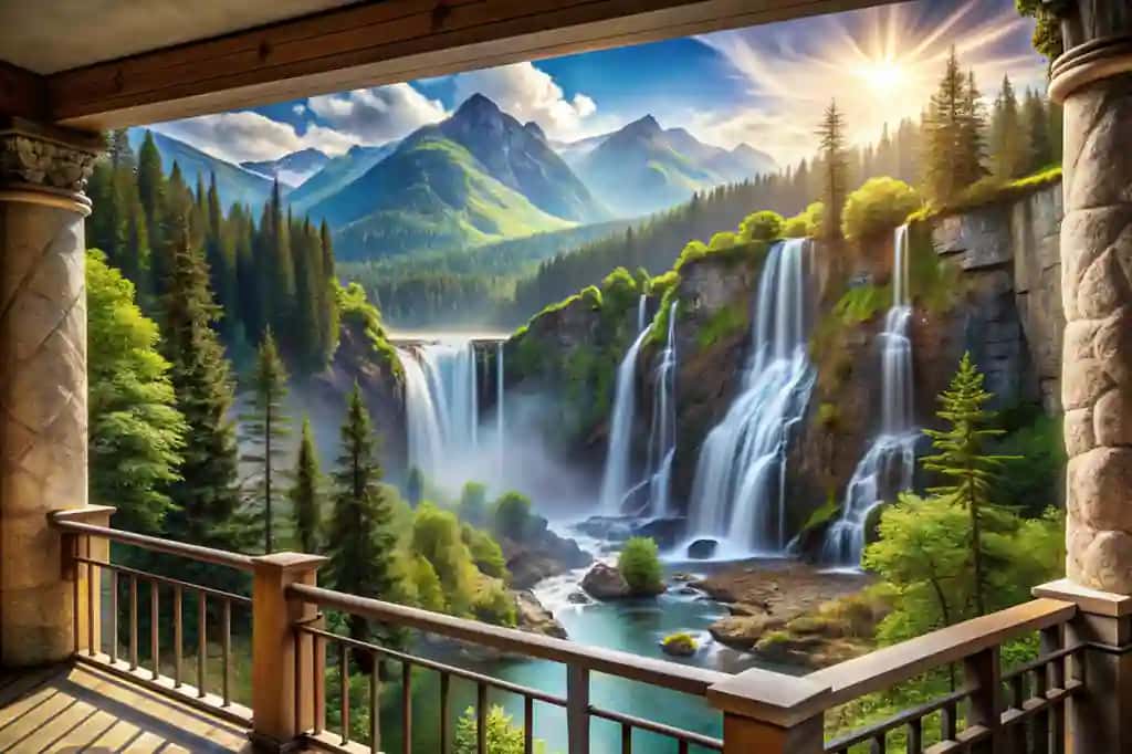 Balkondagi tog' sharsharalaridan raqamli fresk ko'rinishi | Digital frescoview from balcony mountain waterfalls