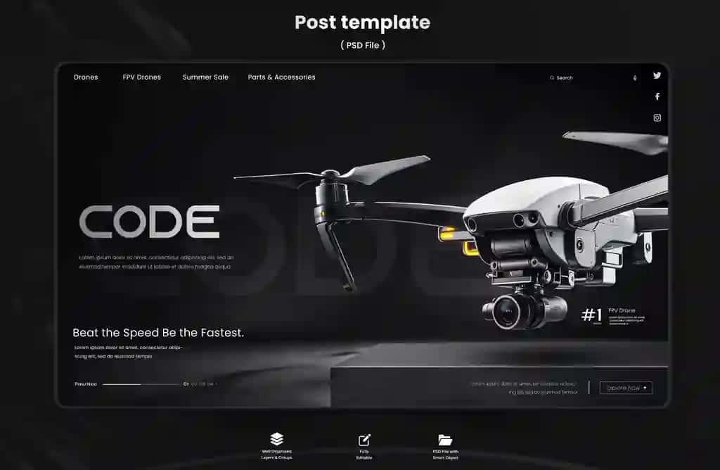 To'q fonli dron podiumli premium dron banneri | Premium drone banner with drone podium with dark background