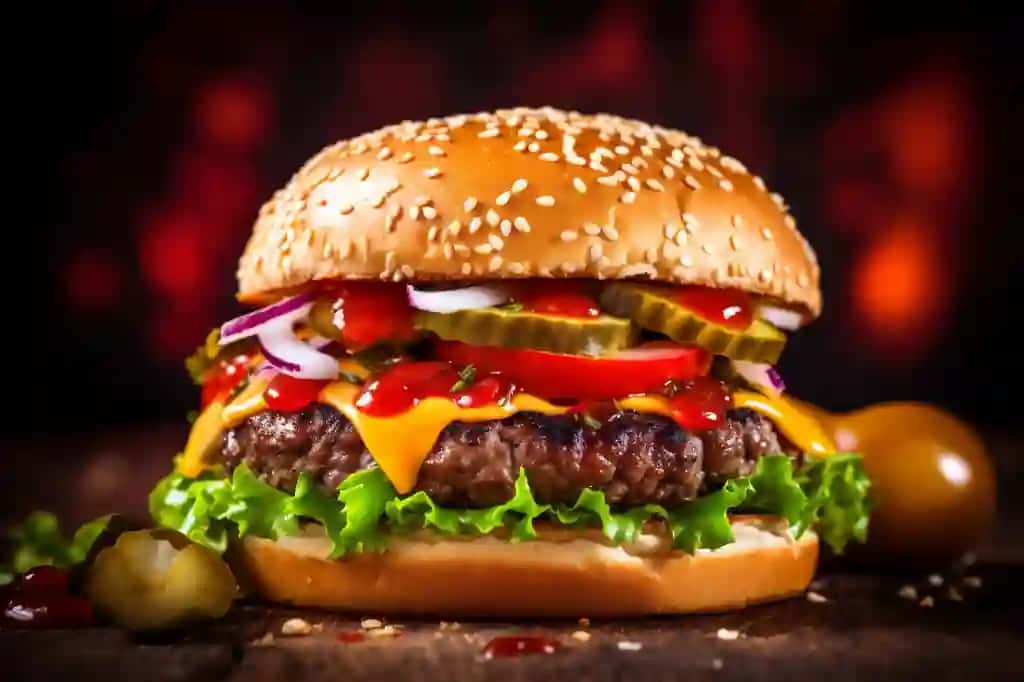 Fast snack gamburger oziq-ovqat tez sendvich oziq-ovqat yog'li mol go'shti burger generative ai | Fast snack hamburger food fast sandwich food fat beef meat burger generative ai