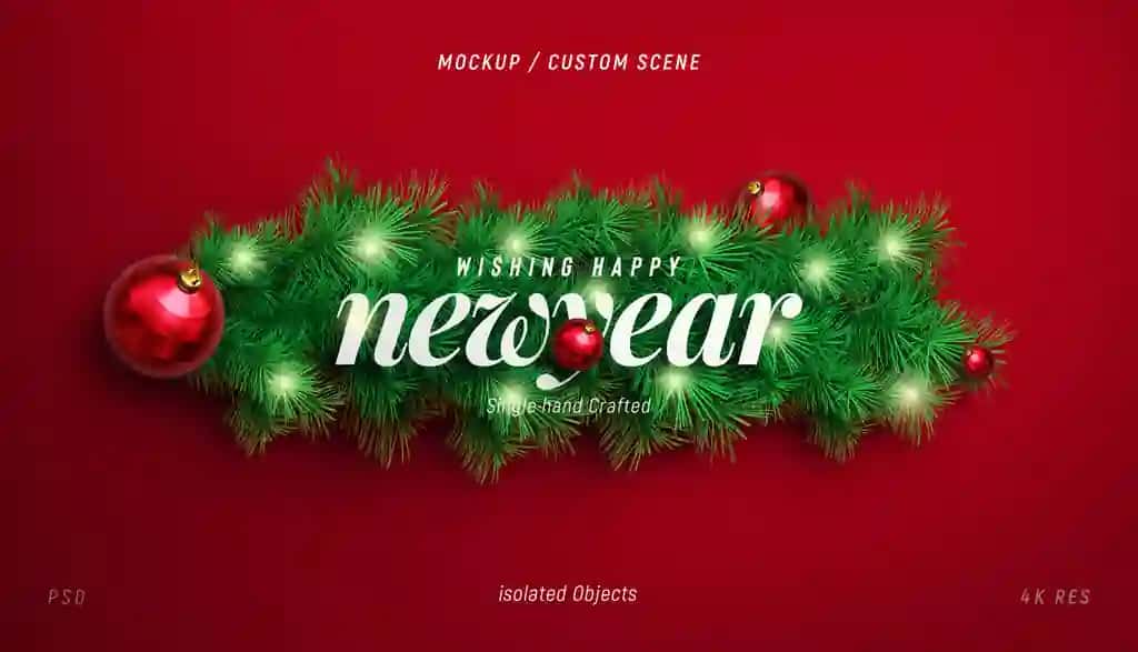 Dekorativ Rojdestvo daraxti shoxlari bilan yangi yil fon maketi | New year background mockup with decorative christmas tree branches