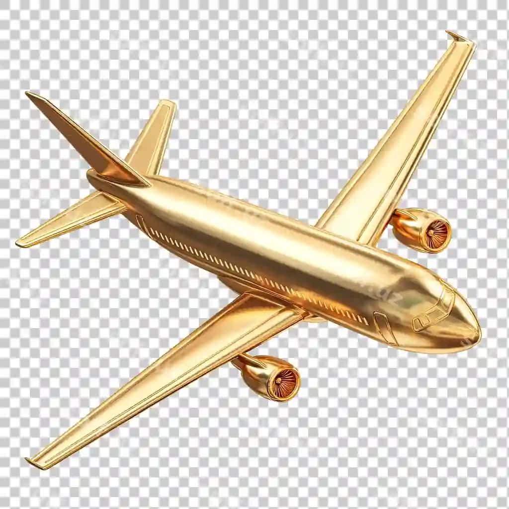 Batafsil oltin samolyot illustratsiyasi, haqiqiy teksturalar bilan, shaffof | Detailed golden airplane illustration with realistic textures transparent