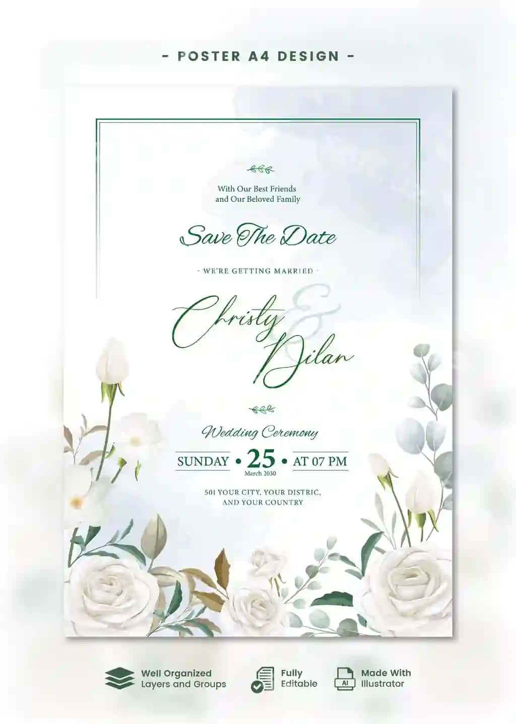 Gulli bezaklar bilan bezatilgan oqlangan to'y taklifnomasi plakati | Elegant wedding invitation poster with floral accents