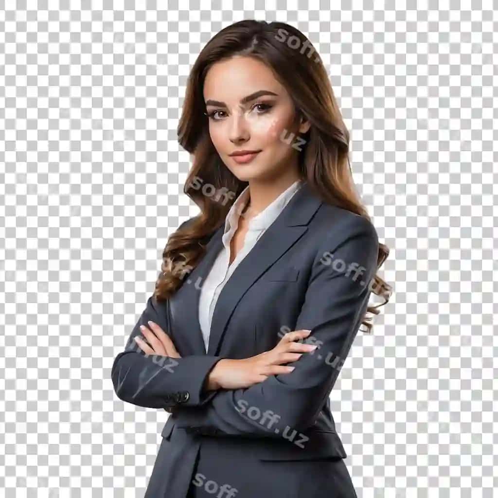 Boz kostyumdagi ayol o'llarini aylantirib turadi. | Woman gray suit stands with her arms crossed